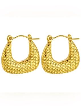 18K Gold Plated Textured Small Hoop Drop Earrings - Women Jewelry